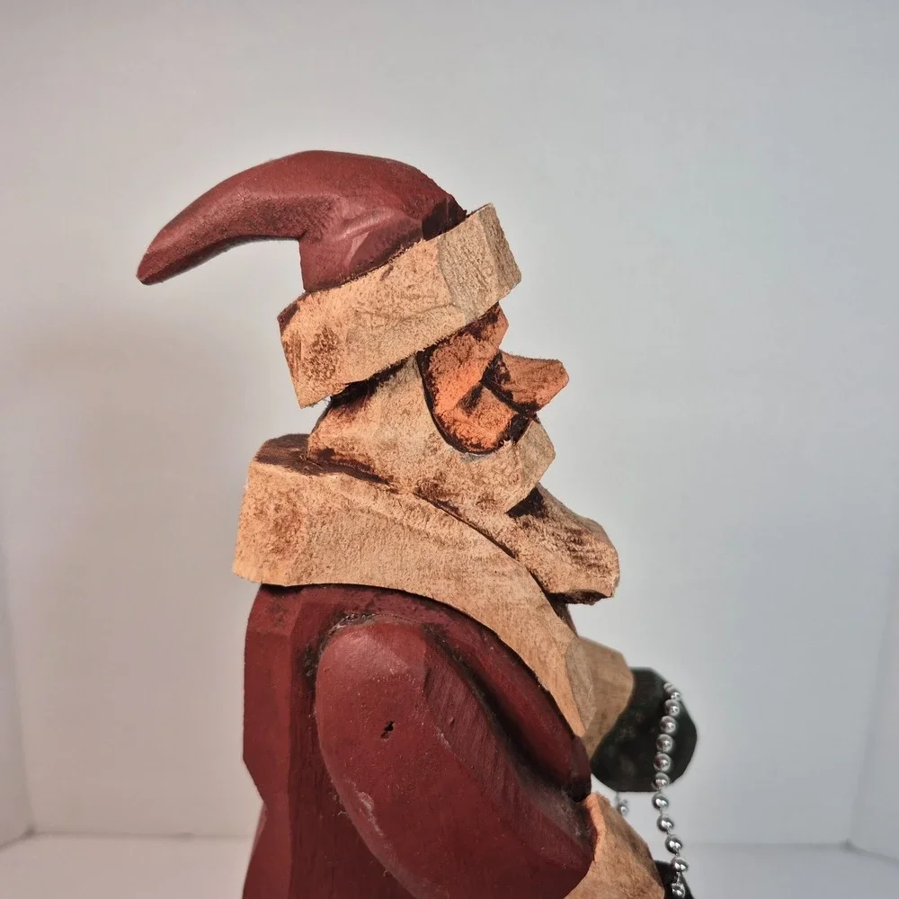 Hand Carved Folk Art Wood Santa Stringing Christmas Lights Signed JFS 11